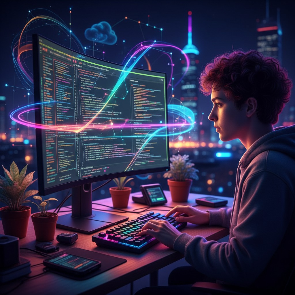 A computer monitor on a desk displays a vibrant, abstract digital graphic featuring a glowing circuit board pattern surrounded by colorful geometric shapes and light streaks.
