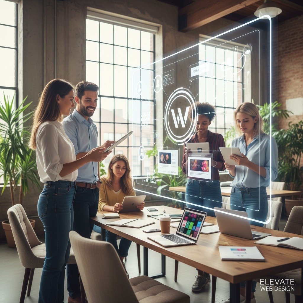 A diverse team of professionals collaborates in a modern office, interacting with a large, glowing digital interface floating above their conference table.