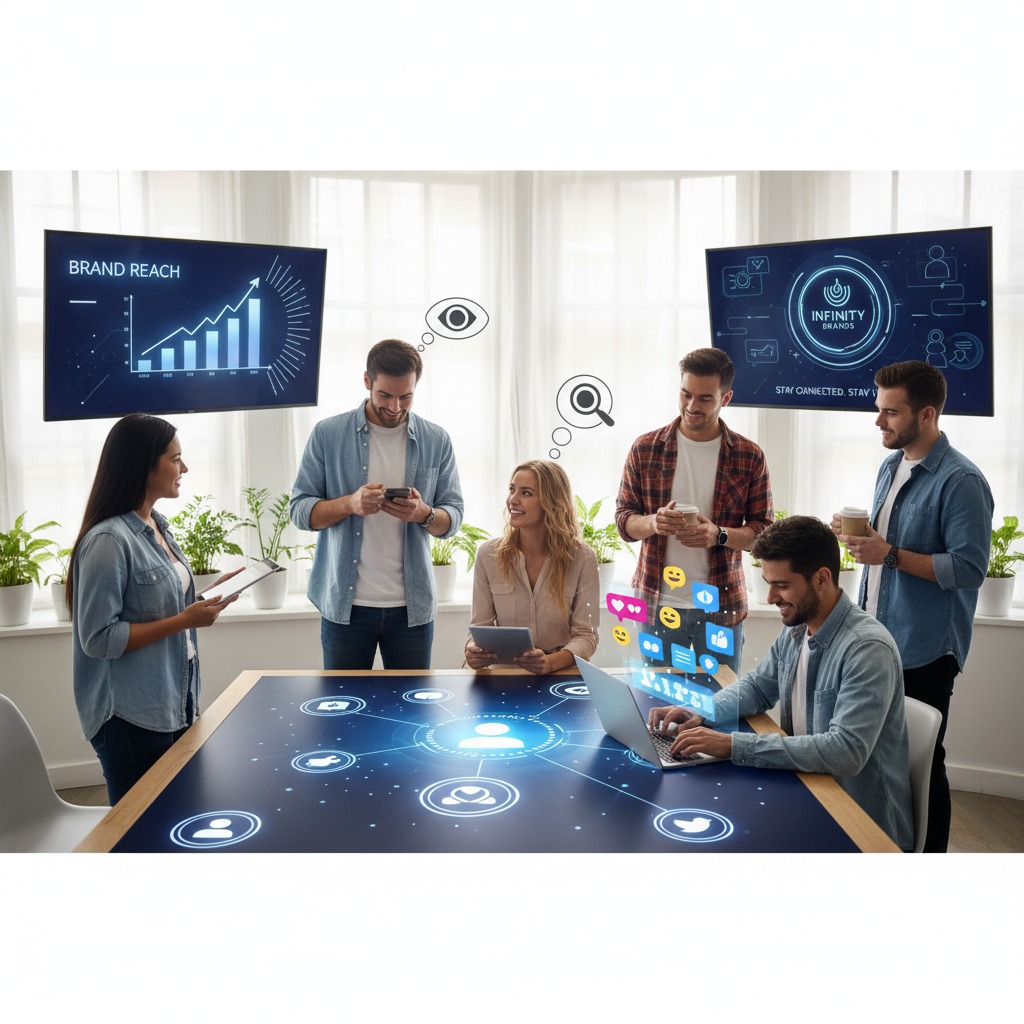 A diverse team of professionals collaborates in a modern office around a digital table displaying social media network graphics, with large screens on the wall showing brand reach data and company branding.
