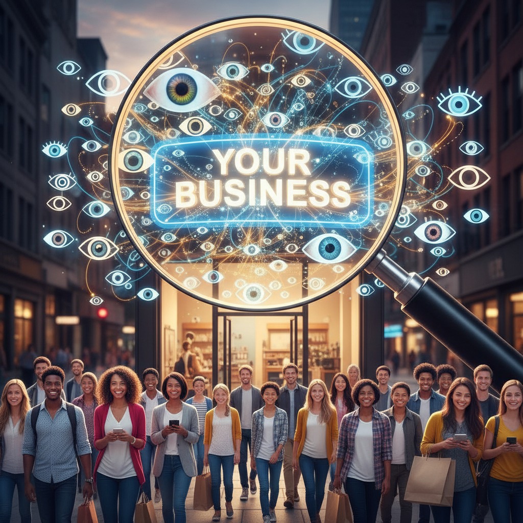 A magnifying glass held over a diverse crowd of people displays the glowing text "YOUR BUSINESS" surrounded by numerous floating digital eye icons.