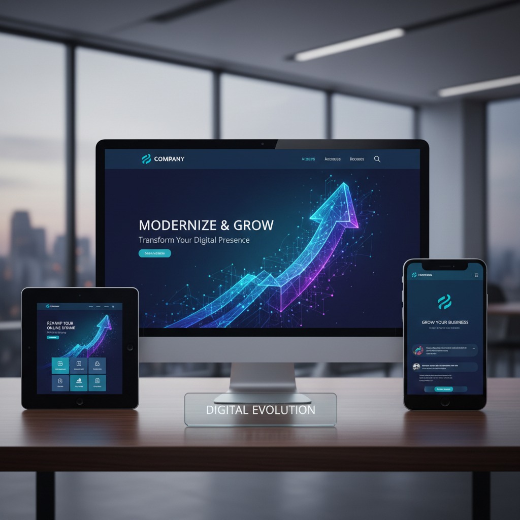 A computer monitor, tablet, and smartphone sit on a desk, all displaying a website with a digital growth theme featuring a glowing upward-pointing arrow.
