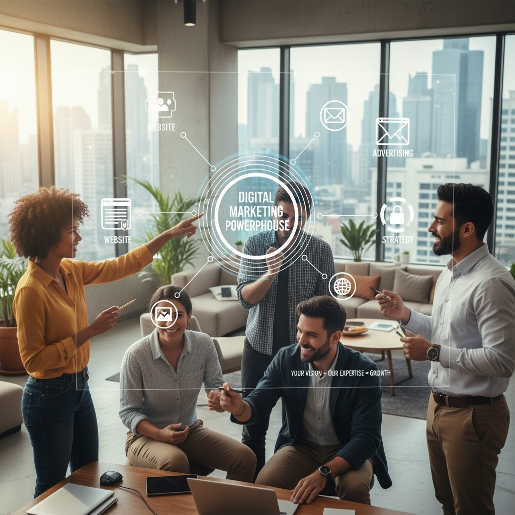 A diverse team of professionals collaborates in a modern office while interacting with a digital marketing interface projected in the air.