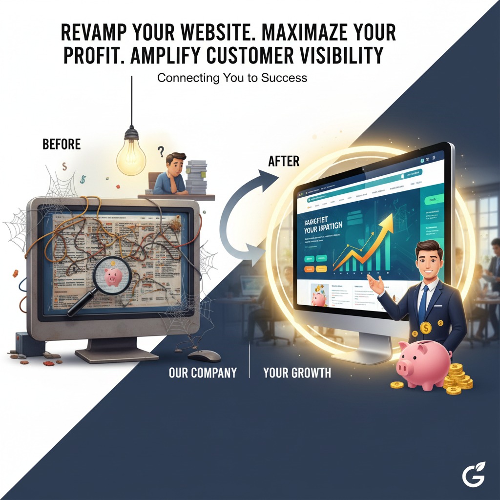 A split-screen graphic compares a cluttered, outdated computer setup labeled "Before" with a sleek, modern, and profitable website interface labeled "After."